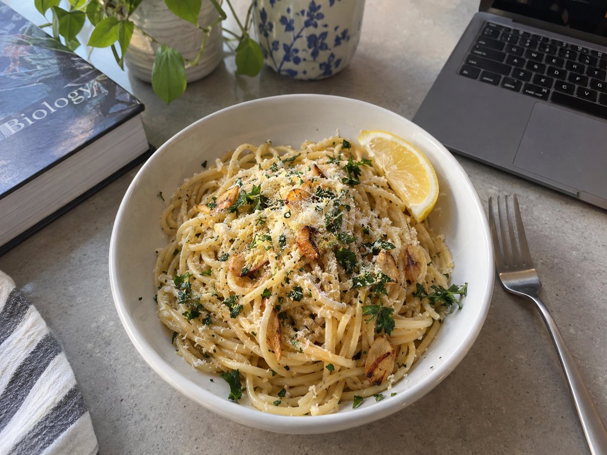 Garlic butter pasta on a kitchen counter