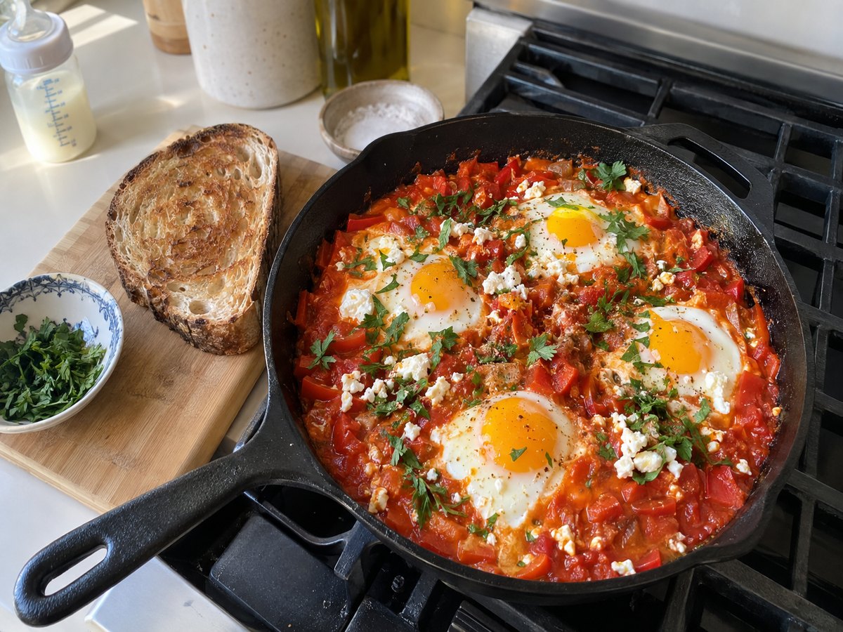 Shakshuka in a cast iron skillet