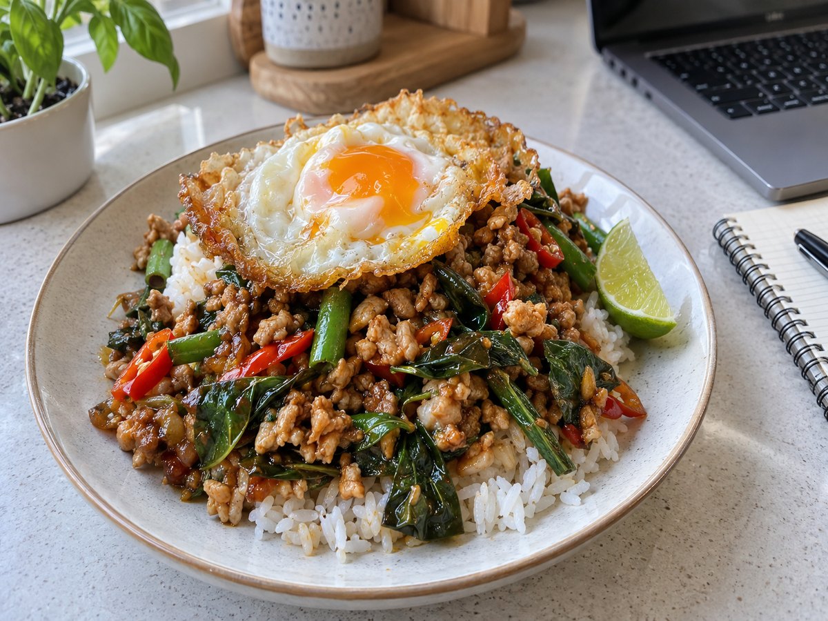 Thai basil chicken with a fried egg